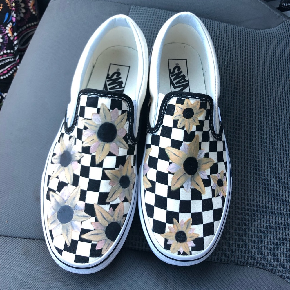 Hand painted sunflower checkered vans